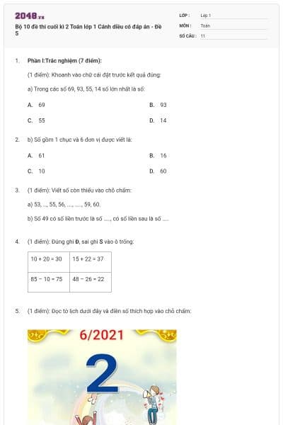 Bộ 10 đề thi cuối kì 2 Toán lớp 1 Cánh diều có đáp án - Đề 5