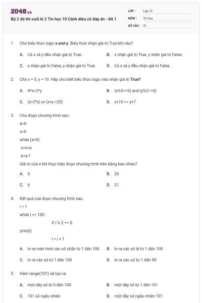 Bộ 2 đề thi cuối kì 2 Tin học 10 Cánh diều có đáp án - Đề 1