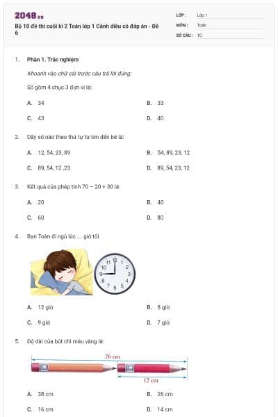 Bộ 10 đề thi cuối kì 2 Toán lớp 1 Cánh diều có đáp án - Đề 6