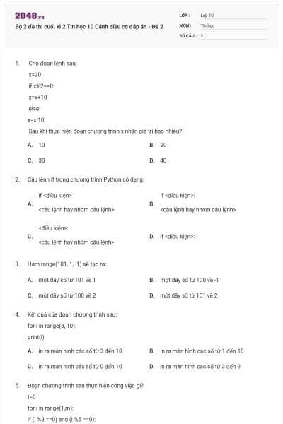 Bộ 2 đề thi cuối kì 2 Tin học 10 Cánh diều có đáp án - Đề 2