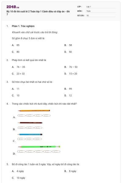 Bộ 10 đề thi cuối kì 2 Toán lớp 1 Cánh diều có đáp án - Đề 7