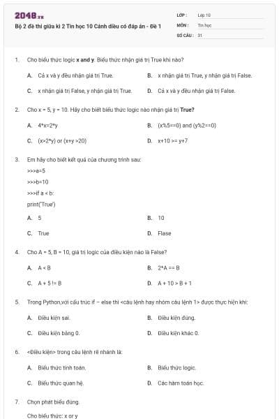 Bộ 2 đề thi giữa kì 2 Tin học 10 Cánh diều có đáp án - Đề 1