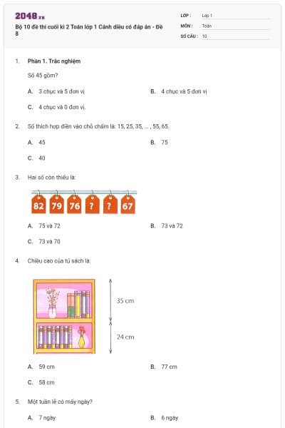 Bộ 10 đề thi cuối kì 2 Toán lớp 1 Cánh diều có đáp án - Đề 8