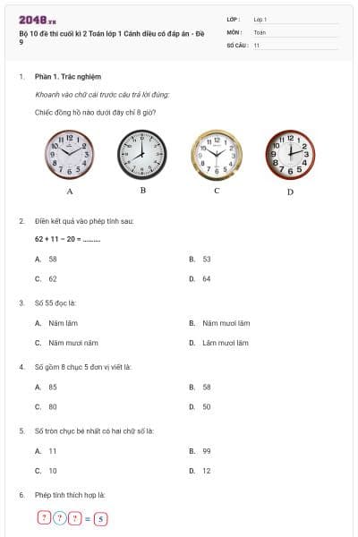 Bộ 10 đề thi cuối kì 2 Toán lớp 1 Cánh diều có đáp án - Đề 9