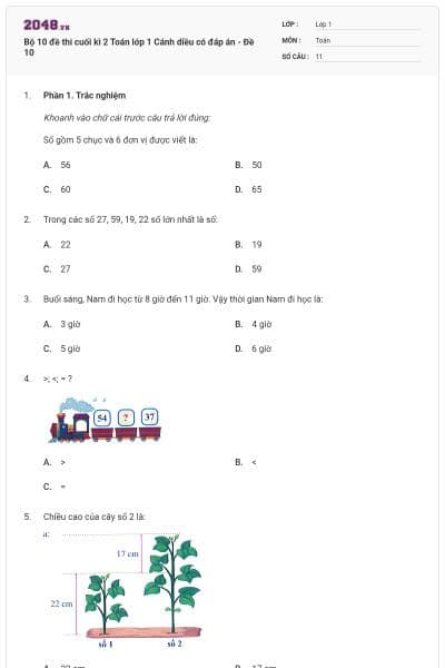 Bộ 10 đề thi cuối kì 2 Toán lớp 1 Cánh diều có đáp án - Đề 10