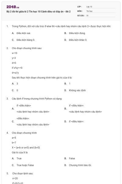 Bộ 2 đề thi giữa kì 2 Tin học 10 Cánh diều có đáp án - Đề 2