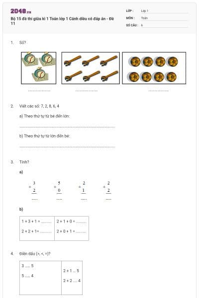Bộ 15 đề thi giữa kì 1 Toán lớp 1 Cánh diều có đáp án - Đề 11