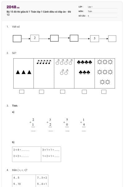 Bộ 15 đề thi giữa kì 1 Toán lớp 1 Cánh diều có đáp án - Đề 12