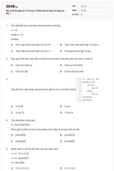 Bộ 2 đề thi giữa kì 2 Tin học 10 Kết nối tri thức có đáp án - Đề 1