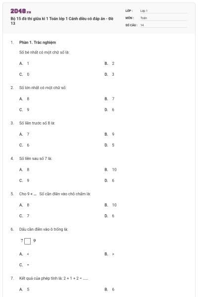 Bộ 15 đề thi giữa kì 1 Toán lớp 1 Cánh diều có đáp án - Đề 13