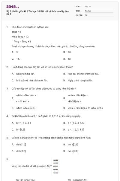 Bộ 2 đề thi giữa kì 2 Tin học 10 Kết nối tri thức có đáp án - Đề 2