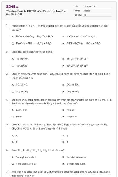 Tổng hợp đề ôn thi THPTQG môn Hóa Học cực hay có lời giải (Đề số 13)