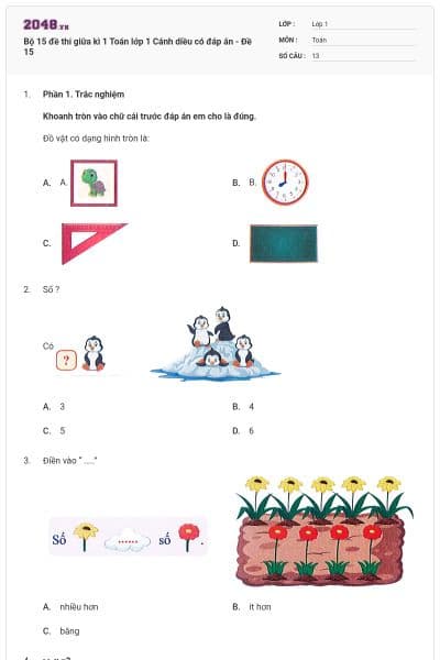 Bộ 15 đề thi giữa kì 1 Toán lớp 1 Cánh diều có đáp án - Đề 15