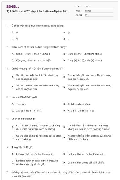 Bộ 4 đề thi cuối kì 2 Tin học 7 Cánh diều có đáp án - Đề 1
