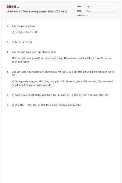 Đề thi Học kì 2 Toán 9 có đáp án năm 2022-2023 (Đề 1)