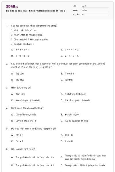 Bộ 4 đề thi cuối kì 2 Tin học 7 Cánh diều có đáp án - Đề 2