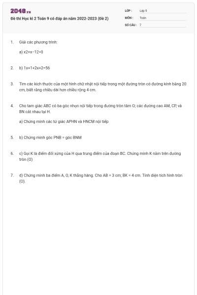 Đề thi Học kì 2 Toán 9 có đáp án năm 2022-2023 (Đề 2)