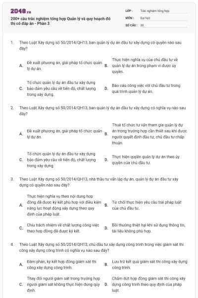 200+ câu trắc nghiệm tổng hợp Quản lý và quy hoạch đô thị có đáp án - Phần 3