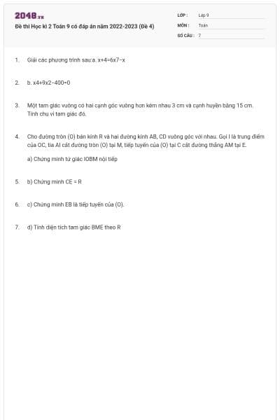 Đề thi Học kì 2 Toán 9 có đáp án năm 2022-2023 (Đề 4)