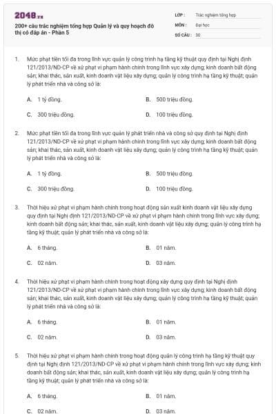 200+ câu trắc nghiệm tổng hợp Quản lý và quy hoạch đô thị có đáp án - Phần 5