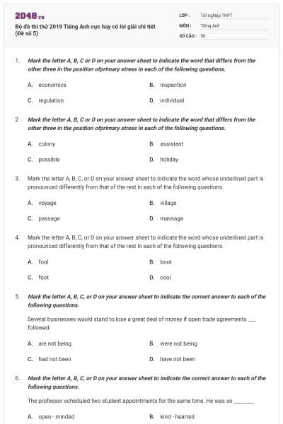 Bộ đề thi thử 2019 Tiếng Anh cực hay có lời giải chi tiết (Đề số 5)