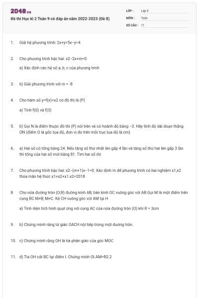 Đề thi Học kì 2 Toán 9 có đáp án năm 2022-2023 (Đề 8)