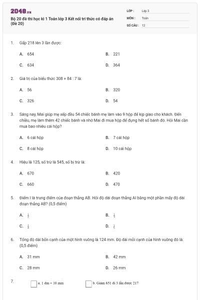 Bộ 20 đề thi học kì 1 Toán lớp 3 Kết nối tri thức có đáp án (Đề 20)