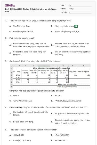 Bộ 4 đề thi cuối kì 2 Tin học 7 Chân trời sáng tạo có đáp án - Đề 1