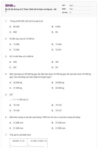 Bộ 20 đề thi học kì 2 Toán 3 Kết nối tri thức có đáp án - Đề 7