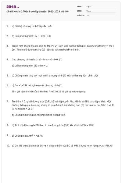 Đề thi Học kì 2 Toán 9 có đáp án năm 2022-2023 (Đề 10)