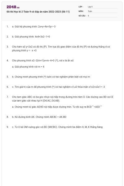 Đề thi Học kì 2 Toán 9 có đáp án năm 2022-2023 (Đề 11)