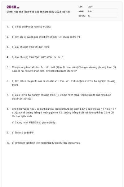 Đề thi Học kì 2 Toán 9 có đáp án năm 2022-2023 (Đề 12)