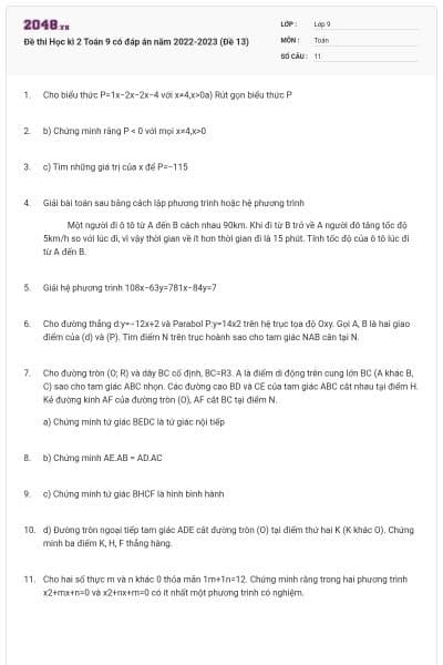 Đề thi Học kì 2 Toán 9 có đáp án năm 2022-2023 (Đề 13)