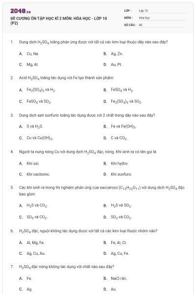ĐỀ CƯƠNG ÔN TẬP HỌC KÌ 2 MÔN: HÓA HỌC - LỚP 10 (P2)
