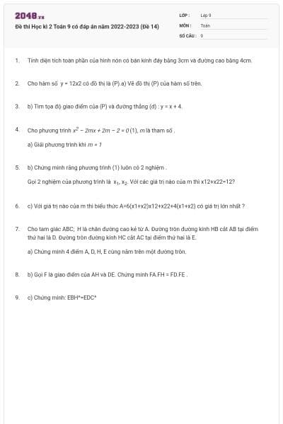 Đề thi Học kì 2 Toán 9 có đáp án năm 2022-2023 (Đề 14)