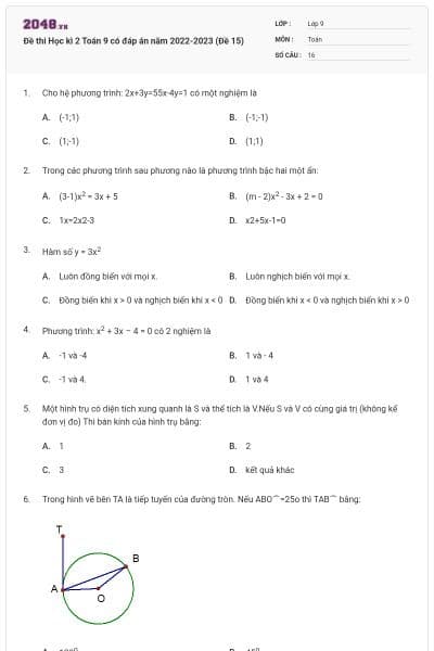 Đề thi Học kì 2 Toán 9 có đáp án năm 2022-2023 (Đề 15)