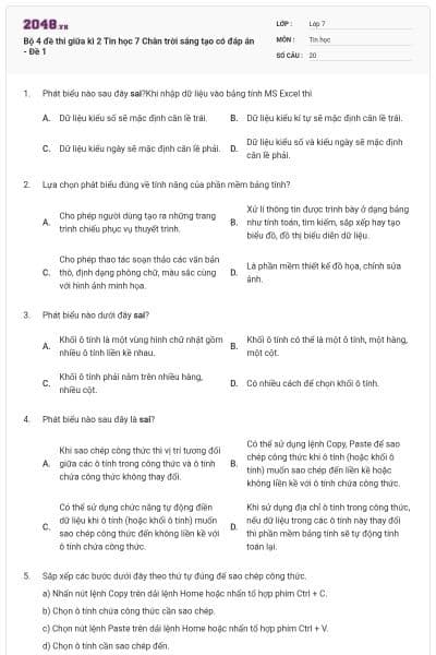 Bộ 4 đề thi giữa kì 2 Tin học 7 Chân trời sáng tạo có đáp án - Đề 1