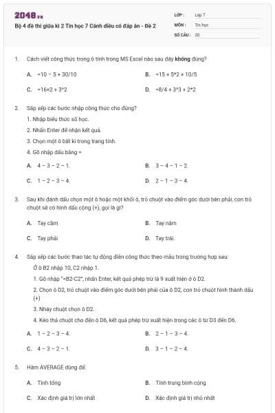 Bộ 4 đề thi giữa kì 2 Tin học 7 Cánh diều có đáp án - Đề 2
