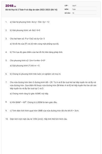 Đề thi Học kì 2 Toán 9 có đáp án năm 2022-2023 (Đề 16)