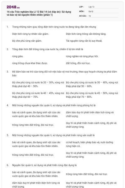 16 câu Trắc nghiệm Địa Lí 12 Bài 14 (có đáp án): Sử dụng và bảo vệ tài nguyên thiên nhiên (phần 1)