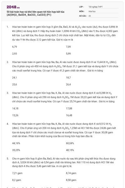 50 bài toán hay và khó liên quan tới hỗn hợp kết tủa (Al(OH)3_ BaSO4_ BaCO3_ CaCO3) (P1)