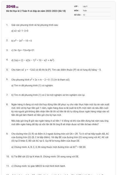 Đề thi Học kì 2 Toán 9 có đáp án năm 2022-2023 (Đề 18)
