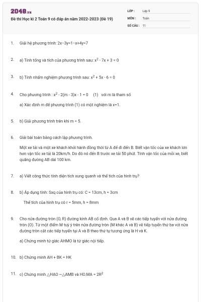 Đề thi Học kì 2 Toán 9 có đáp án năm 2022-2023 (Đề 19)