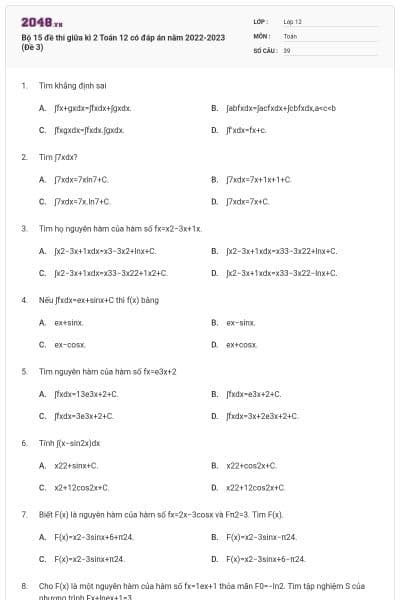 Bộ 15 đề thi giữa kì 2 Toán 12 có đáp án năm 2022-2023 (Đề 3)