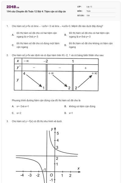 194 câu Chuyên đề Toán 12 Bài 4: Tiệm cận có đáp án
