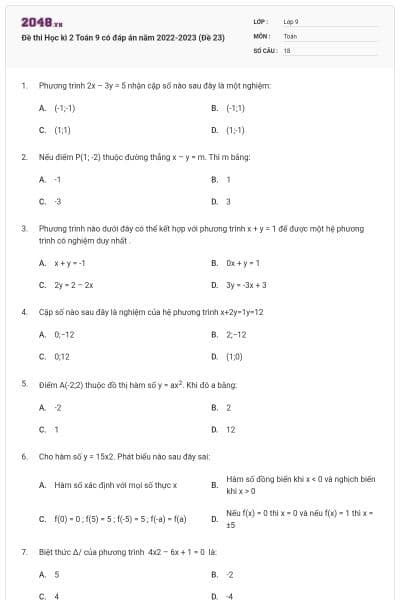 Đề thi Học kì 2 Toán 9 có đáp án năm 2022-2023 (Đề 23)