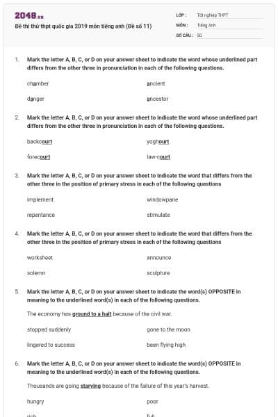 Đề thi thử thpt quốc gia 2019 môn tiếng anh (Đề số 11)