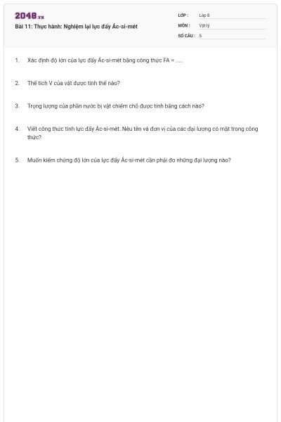 Bài 11: Thực hành: Nghiệm lại lực đẩy Ác-si-mét