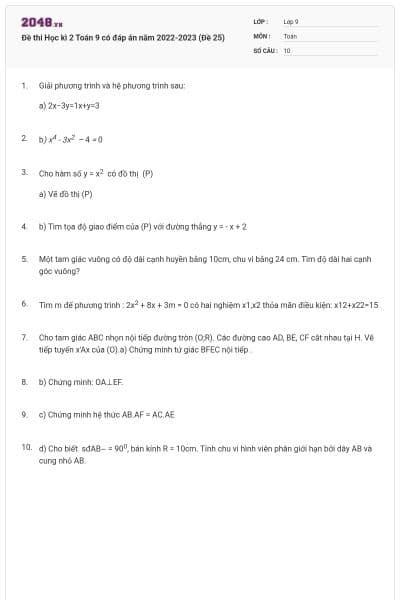 Đề thi Học kì 2 Toán 9 có đáp án năm 2022-2023 (Đề 25)