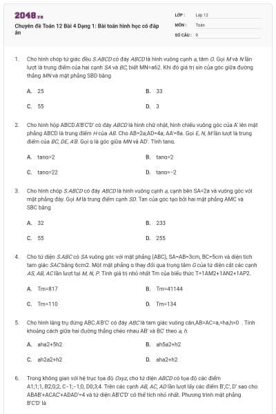 Chuyên đề Toán 12 Bài 4 Dạng 1: Bài toán hình học có đáp án